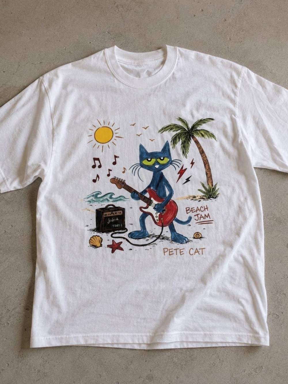 Gildan White Tee - Blue Cat with Red Guitar Graphic
